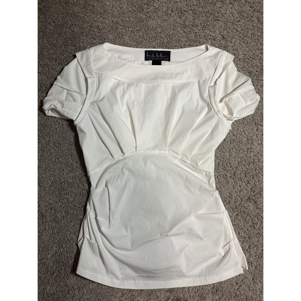 Nicole Miller Collection White Pleated Boat Neck Short Sleeve Blouse Top Medium